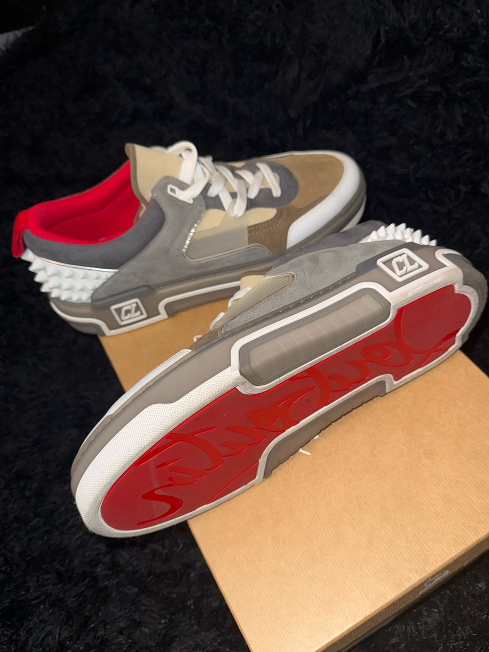 Christian Louboutin Gray, Tan and Red Low-Top Spike-Back Sneakers